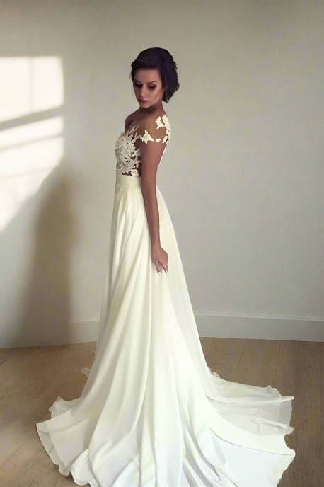 Ivory Illusion Neck Lace Long Wedding Dress with Slit