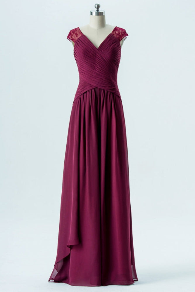 Mulberry Cap Sleeves V-Neck Pleated Bridesmaid Dress