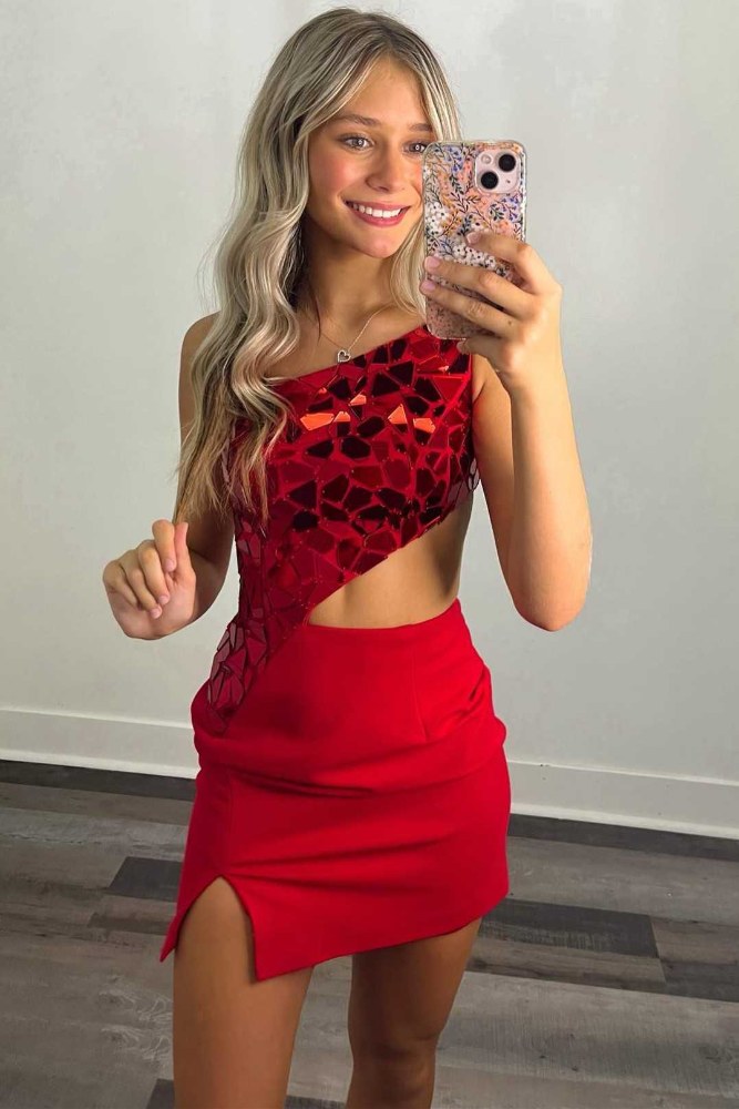 Red One Shoulder Mirror-cut Sequin Tight Homecoming Dress