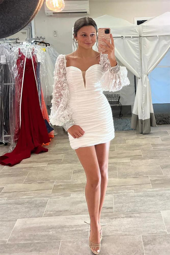 White Long Sleeves Ruched Beaded Homecoming Dress with 3D Butterfly