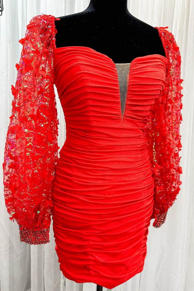 Red Long Sleeves Ruched Beaded Homecoming Dress with 3D Butterfly