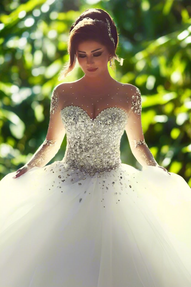 White Illusion Neck A-Line Tulle Ball Gown with Rhinestones