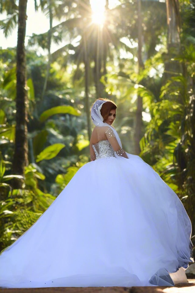 White Illusion Neck A-Line Tulle Ball Gown with Rhinestones