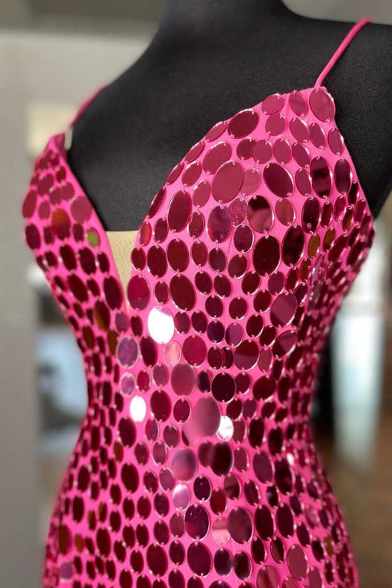 Hot Pink V-Neck Mirror-cut Sequin Bodycon Homecoming Dress