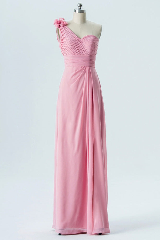 Blush Pink One Shoulder Pleated Bridesmaid Dress with Floral