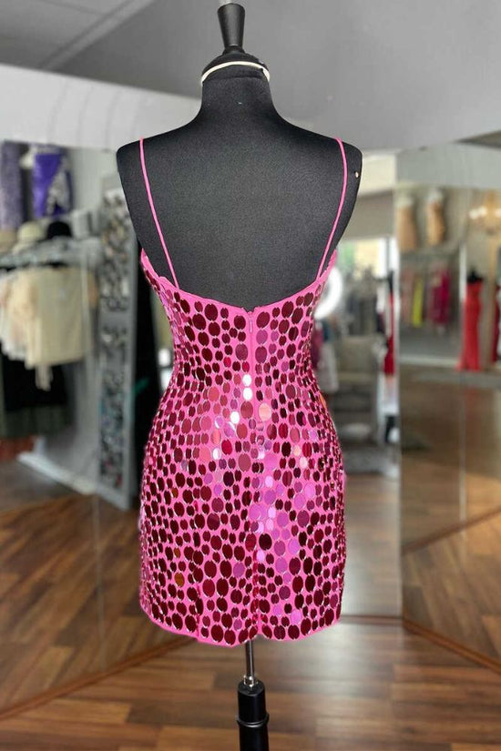 Hot Pink V-Neck Mirror-cut Sequin Bodycon Homecoming Dress