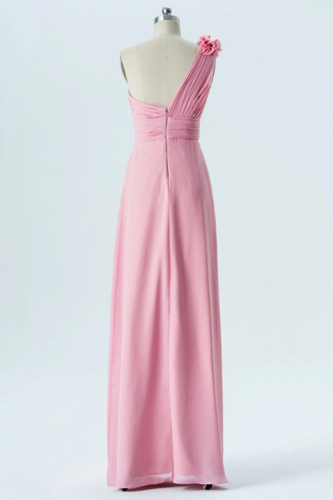 Blush Pink One Shoulder Pleated Bridesmaid Dress with Floral