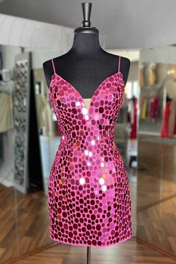 Hot Pink V-Neck Mirror-cut Sequin Bodycon Homecoming Dress