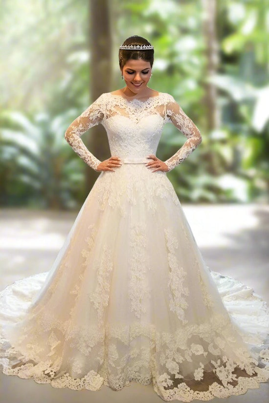 Ivory Lace A-Line Long Wedding Dress with Illusion Neck Movousdress Ivory Lace A-Line Long Wedding Dress with Illusion Neck Movousdress