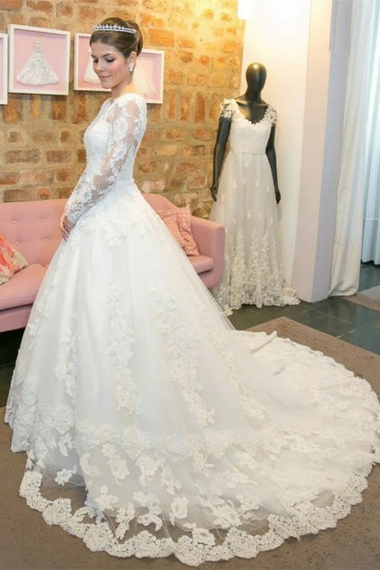 Ivory Lace A-Line Long Wedding Dress with Illusion Neck