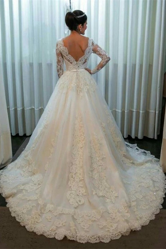 Ivory Lace A-Line Long Wedding Dress with Illusion Neck