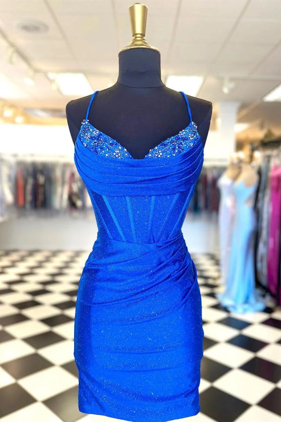 Royal Blue Straps Pleated Tight Homecoming Dress with Lace-up