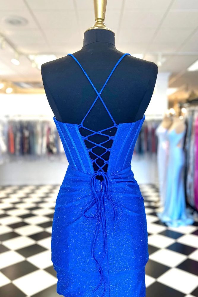 Royal Blue Straps Pleated Tight Homecoming Dress with Lace-up