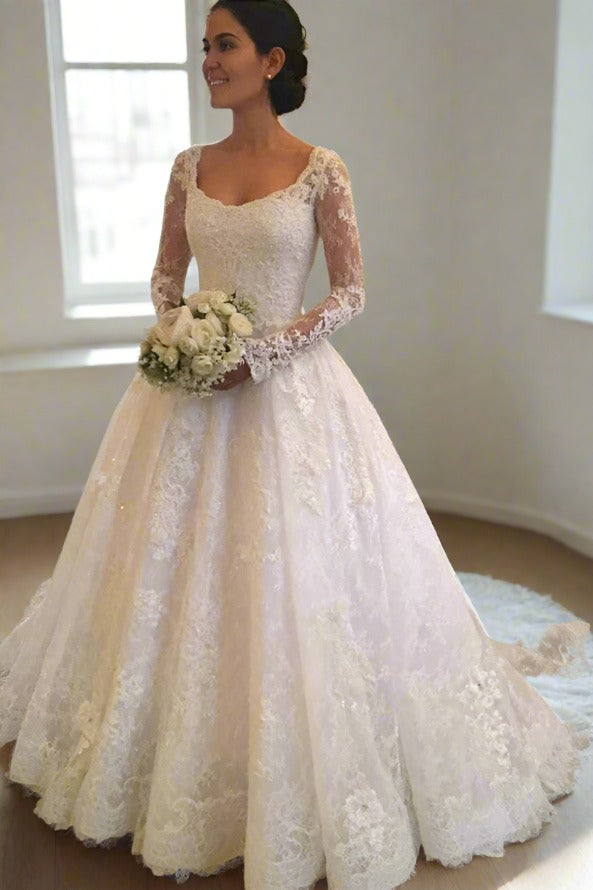 White Lace A-Line Long Bridal Dress with Illusion Sleeves