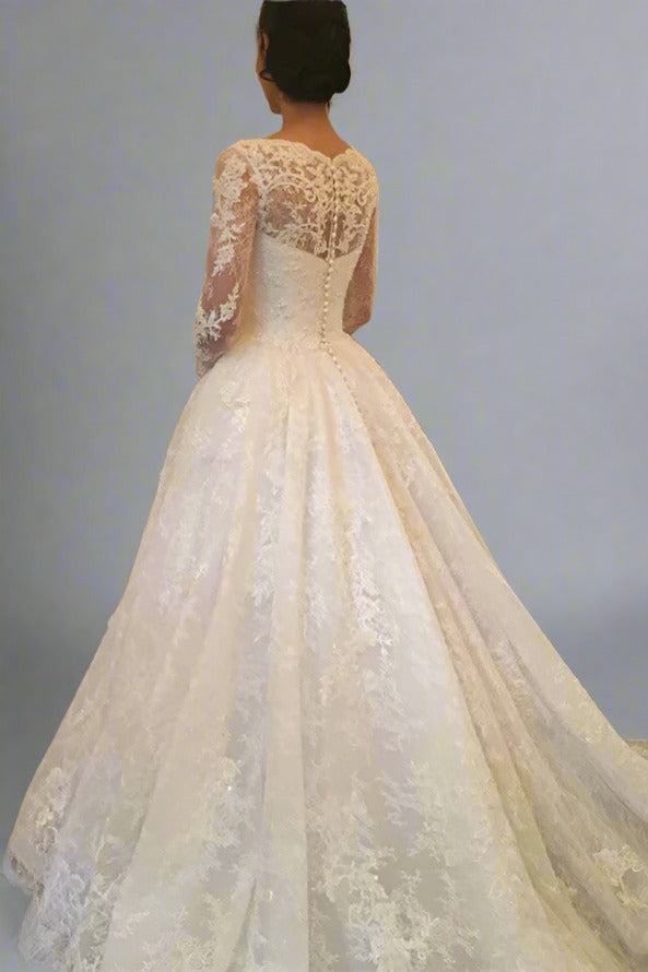 White Lace A-Line Long Bridal Dress with Illusion Sleeves