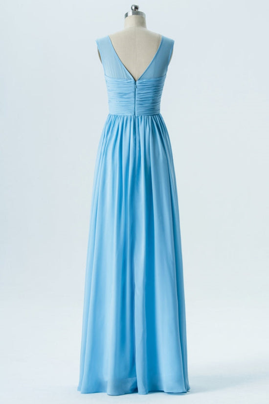 Blue Crew Neck Pleated Long Bridesmaid Dress