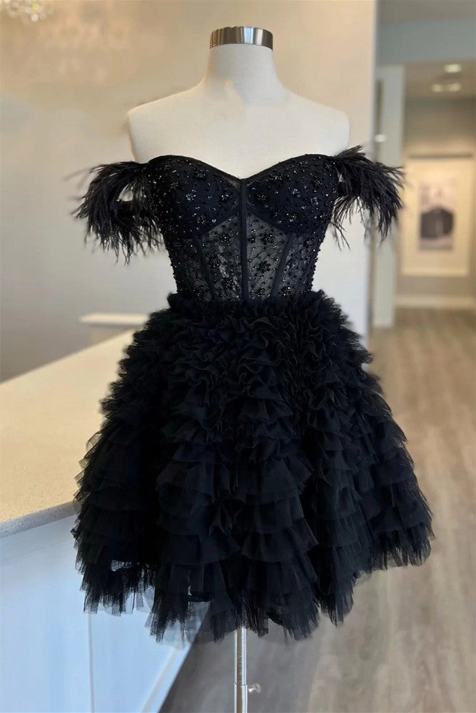 Off the Shoulder Black Multi-Layer Homecoming Dress with Feather