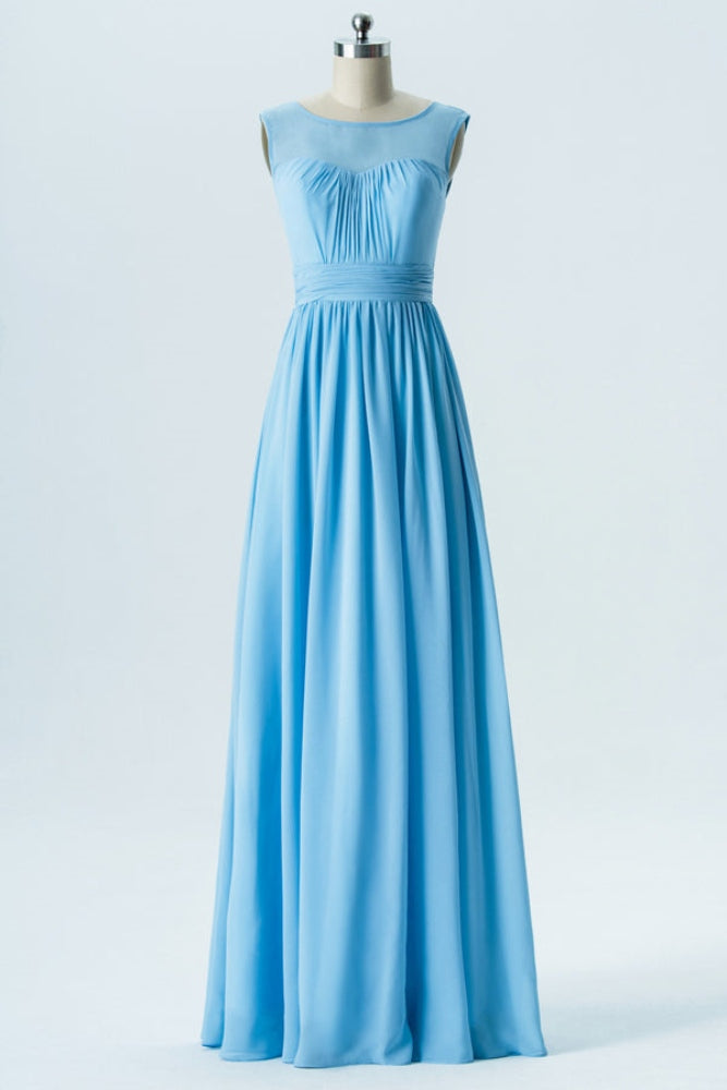 Blue Crew Neck Pleated Long Bridesmaid Dress