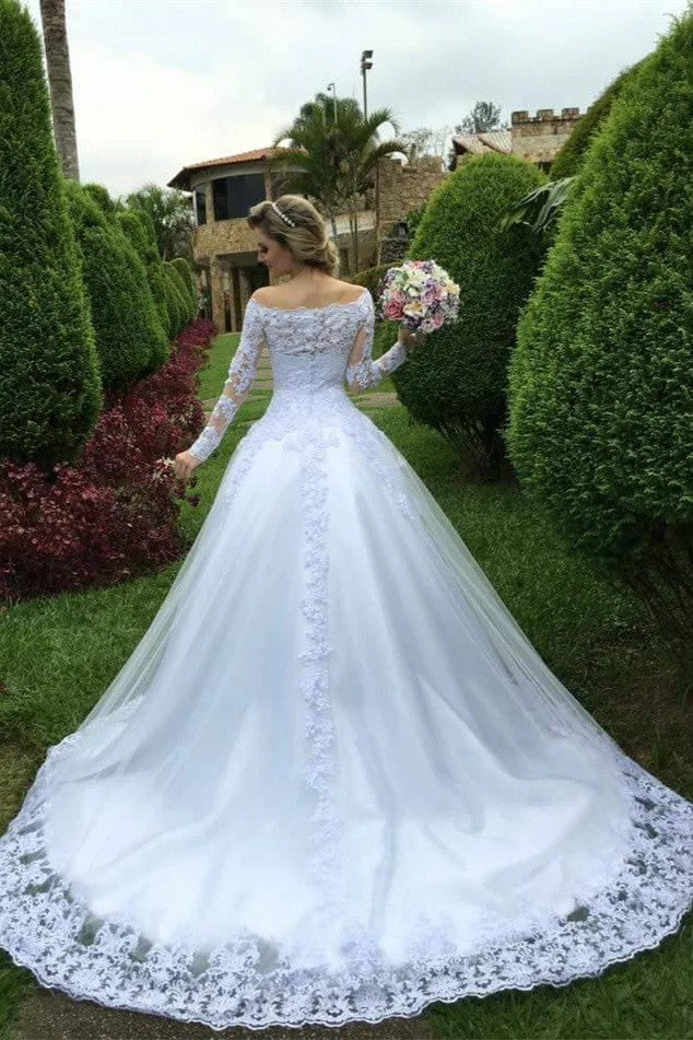 White Off the Shoulder Lace A-Line Long Wedding Dress