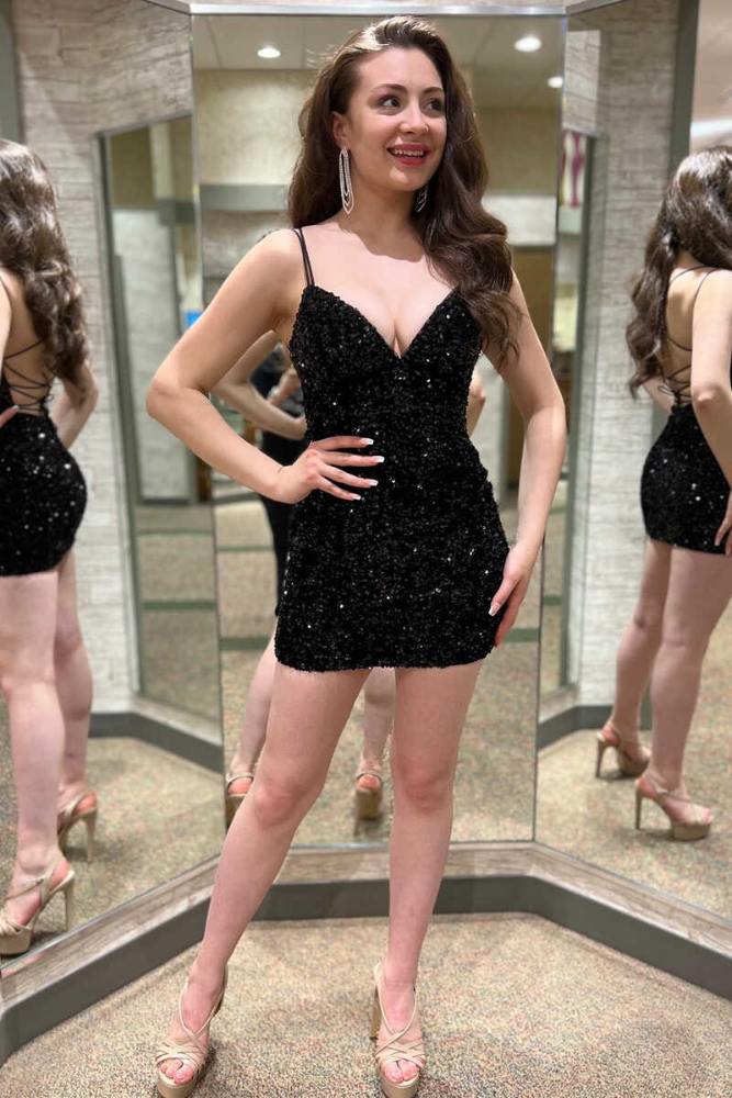 Black Spaghetti Straps Sequin Tight Homecoming Dress with Lace-up