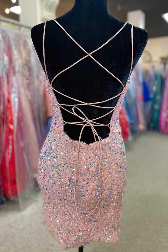 Pink Spaghetti Straps Sequin Tight Homecoming Dress with Lace-up