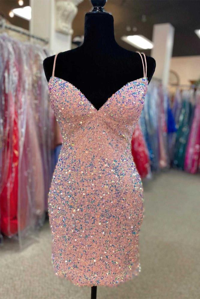 Pink Spaghetti Straps Sequin Tight Homecoming Dress with Lace-up