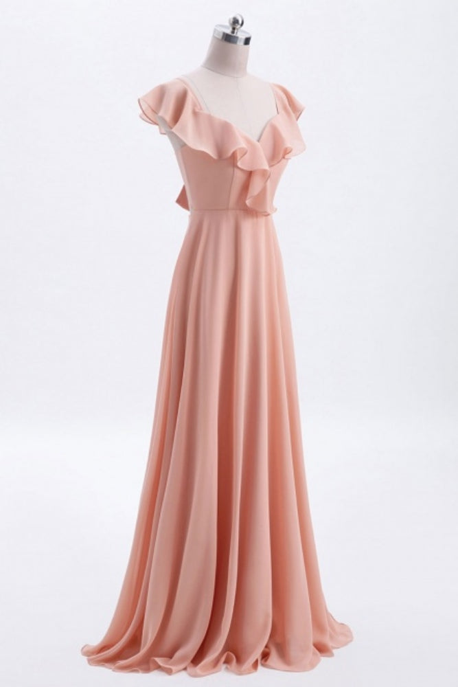 Peach V-Neck Ruffles Long Bridesmaid Dress with Bow Tie Back