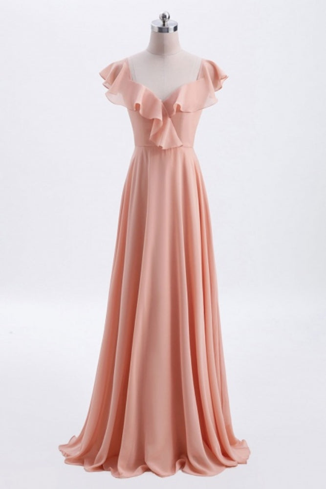 Peach V-Neck Ruffles Long Bridesmaid Dress with Bow Tie Back