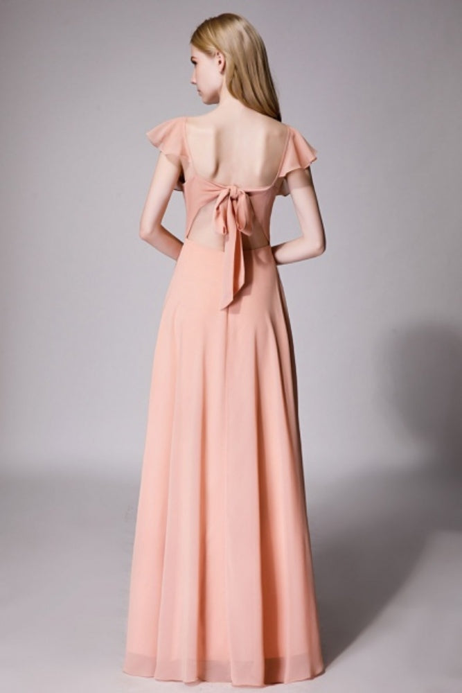 Peach V-Neck Ruffles Long Bridesmaid Dress with Bow Tie Back