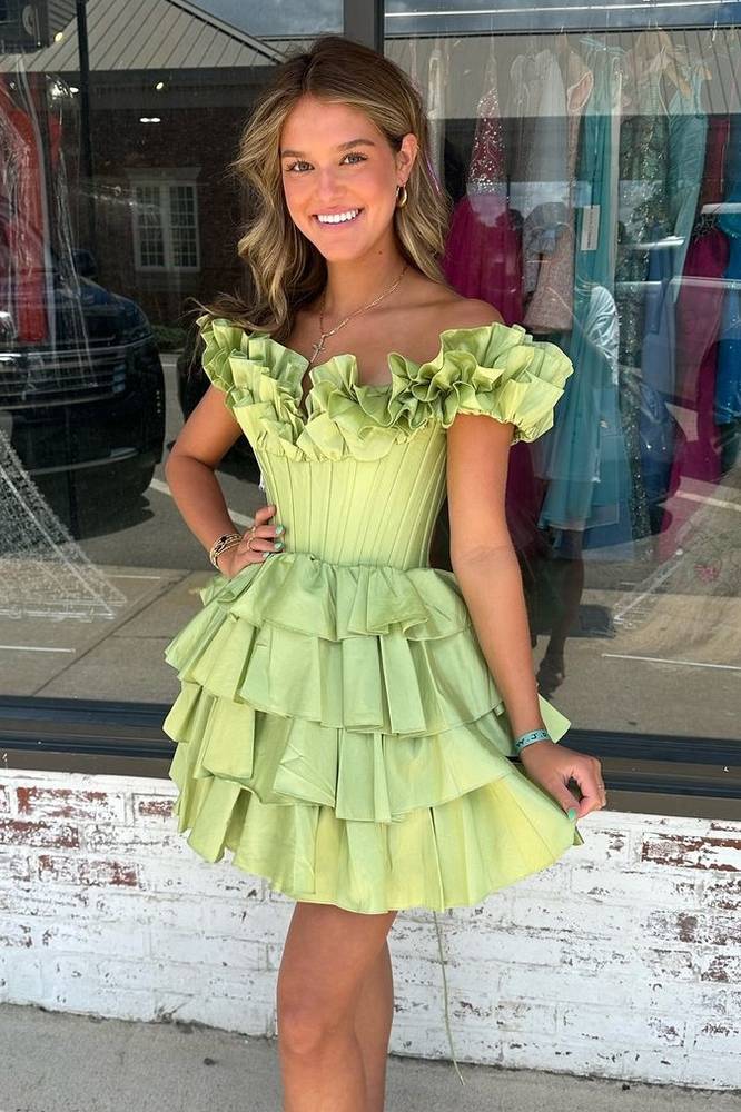 Blue Off the Shoulder A-line Ruffle Homecoming Dress