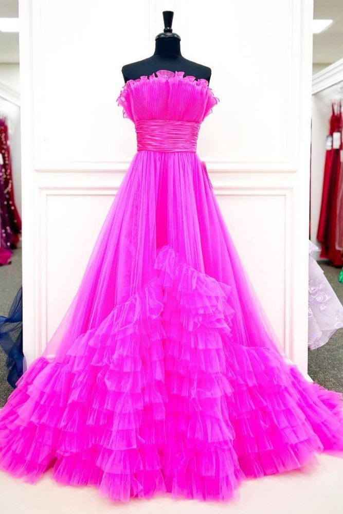 Strapless Hot Pink  A-Line Ruffle Tulle Prom Dress