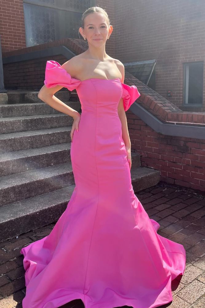 Off the Shoulder Hot Pink Mermaid Prom Dress with Puff Sleeves