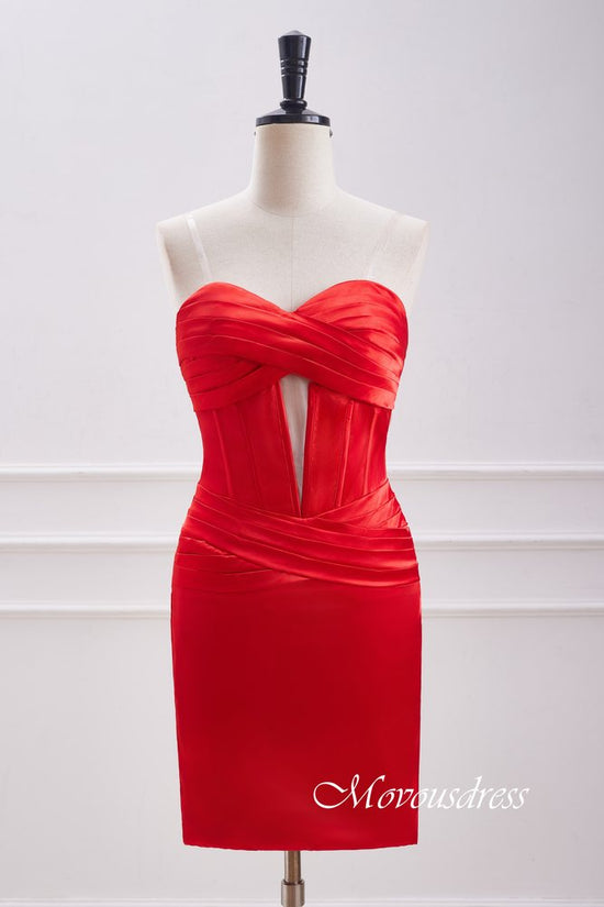 Strapless Red Satin Keyhole Tight Homecoming Dress