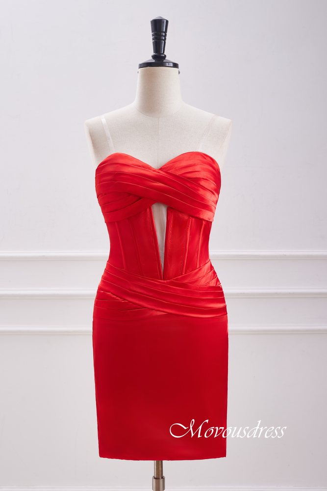 Strapless Red Satin Keyhole Tight Homecoming Dress