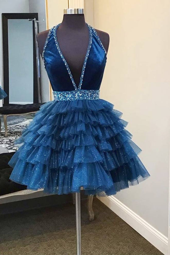 Halter Blue Beaded Layered A-Line Homecoming Dress