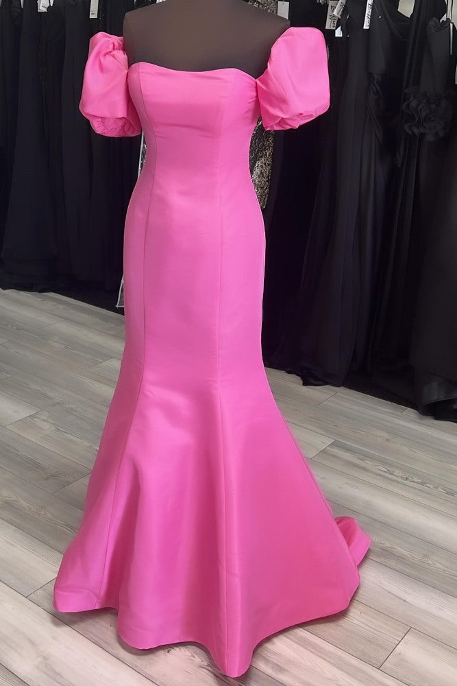 Off the Shoulder Hot Pink Mermaid Prom Dress with Puff Sleeves