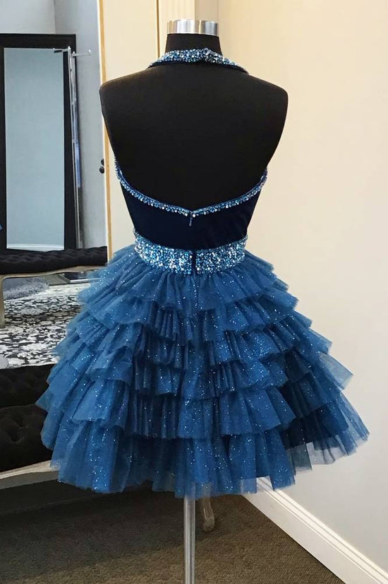 Halter Blue Beaded Layered A-Line Homecoming Dress