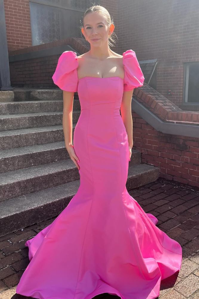 Off the Shoulder Hot Pink Mermaid Prom Dress with Puff Sleeves