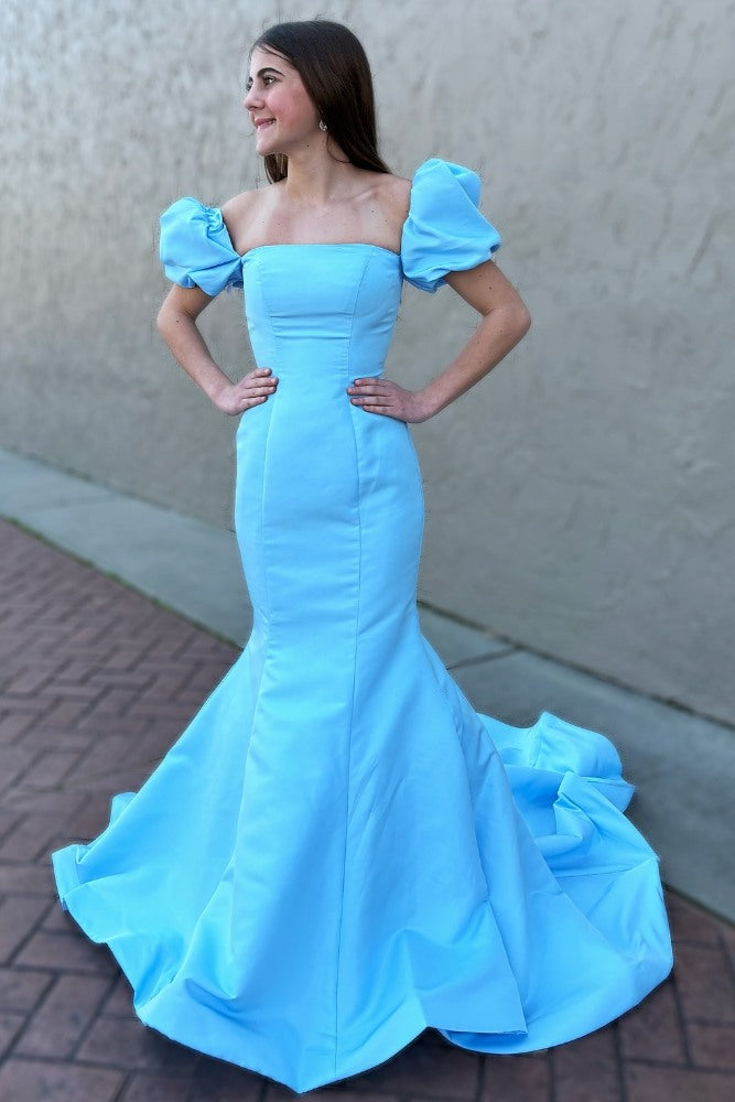 Off the Shoulder Blue Mermaid Prom Dress with Puff Sleeves