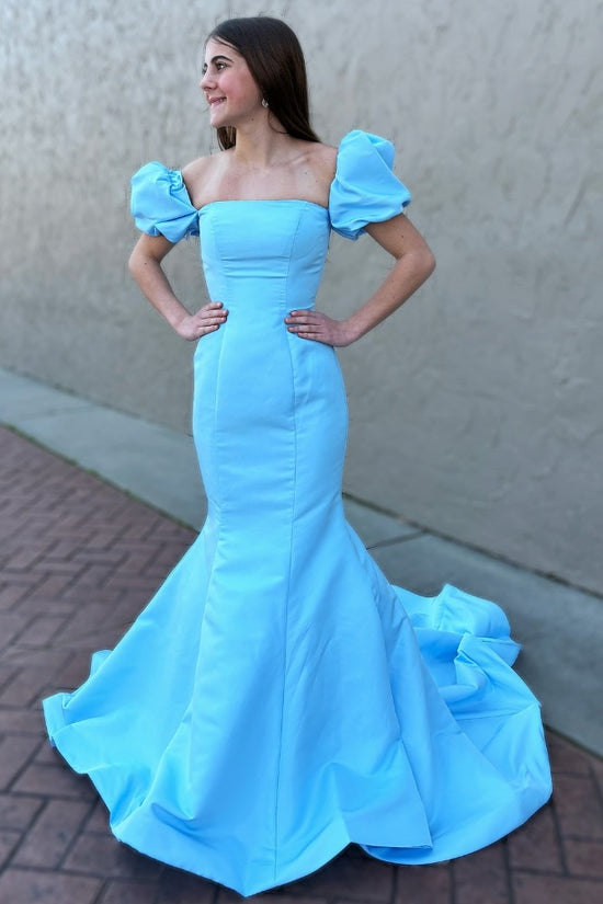 Off the Shoulder Blue Mermaid Prom Dress with Puff Sleeves