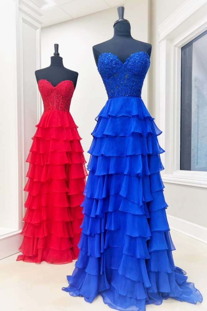 Royal Blue Strapless Applique Layered Prom Dress