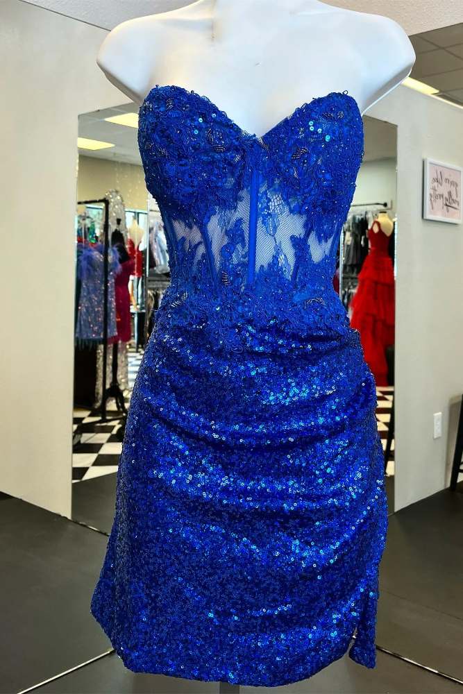 Royal Blue Strapless Lace Applique Sequin Homecoming Dress