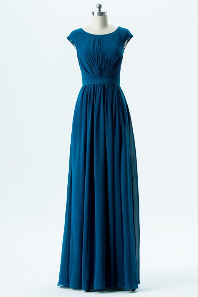 Teal Crew Neck A-Line Chiffon Bridesmaid Dress