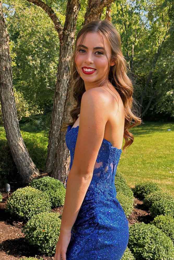 Royal Blue Strapless Lace Applique Sequin Homecoming Dress