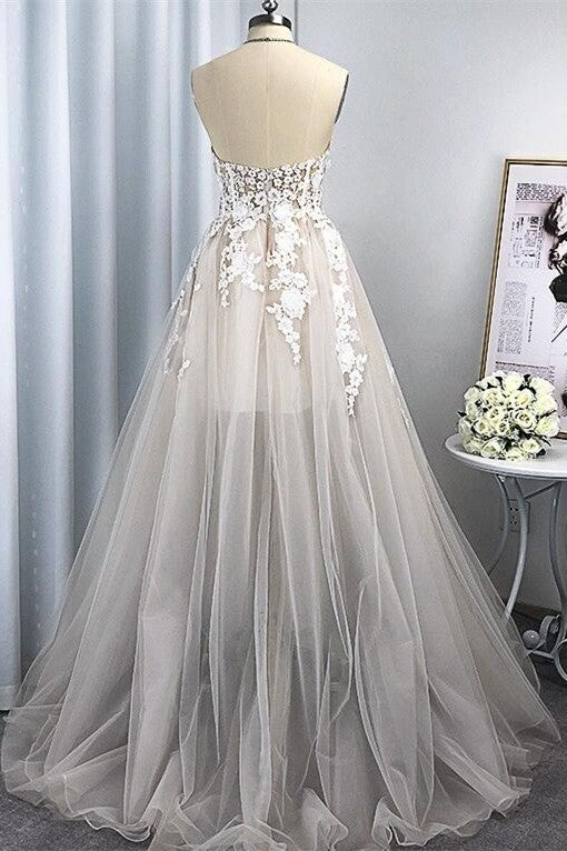 Strapless Silver Applique Tulle Wedding Dress