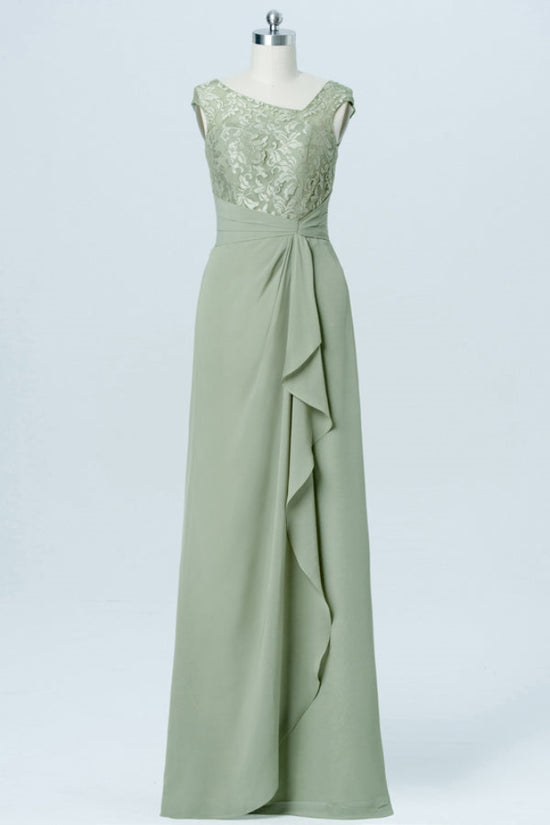 Sage Green Lace Ruffle Long Bridesmaid Dress