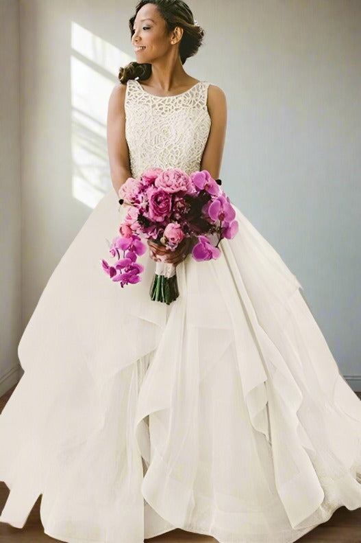 Crew Neck Ivory Multi-Layer Tulle Bridal Dress