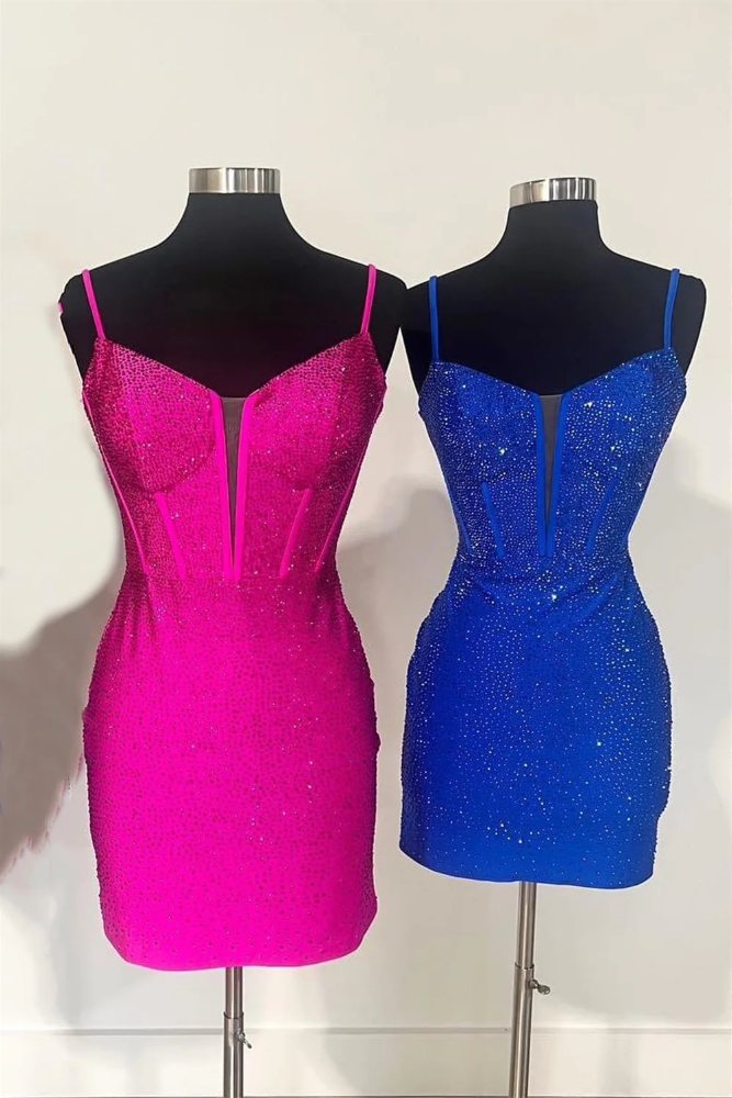 Fuchsia Spaghetti Straps Beaded Bodycon Homecoming Dress