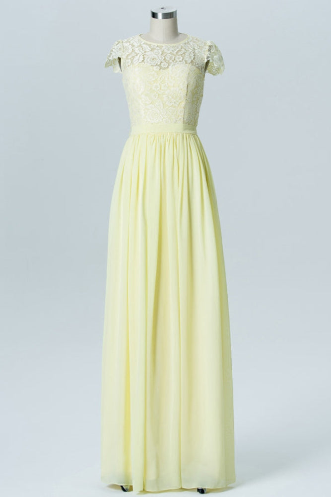 Yellow Cap Sleeves Lace Long Bridesmaid Dress with Button