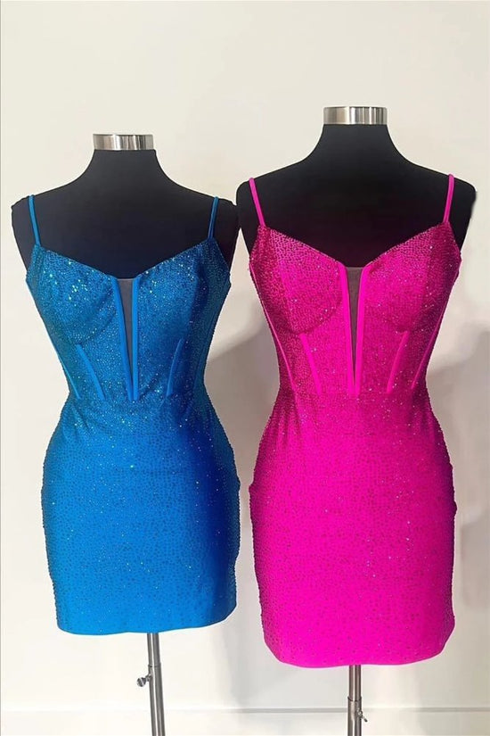 Fuchsia Spaghetti Straps Beaded Bodycon Homecoming Dress